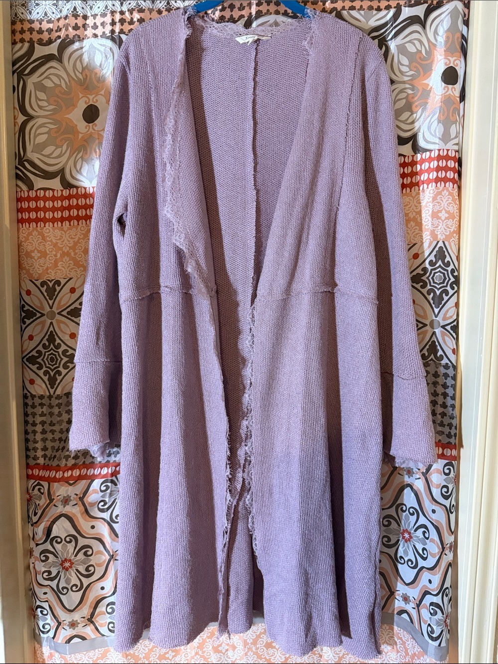 Krazy Kat Dusty Plum -  Duster/Long Cardigan Sweater w/ lace trim & bell cuffs - Picture 2 of 10